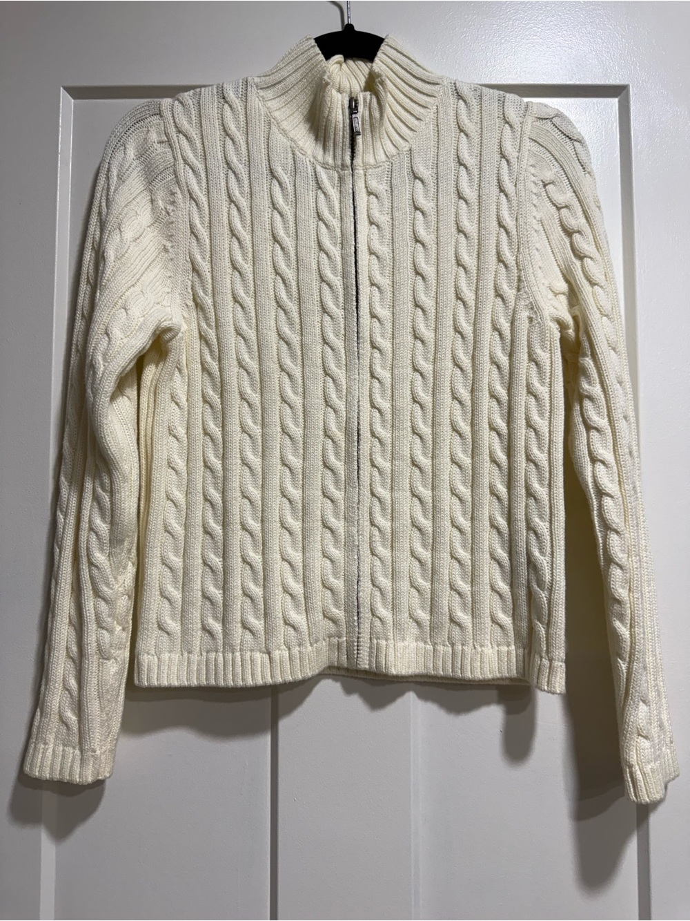 Women’s Vintage LL Bean Cream Cable-Knit Zip Mock Neck Sweater